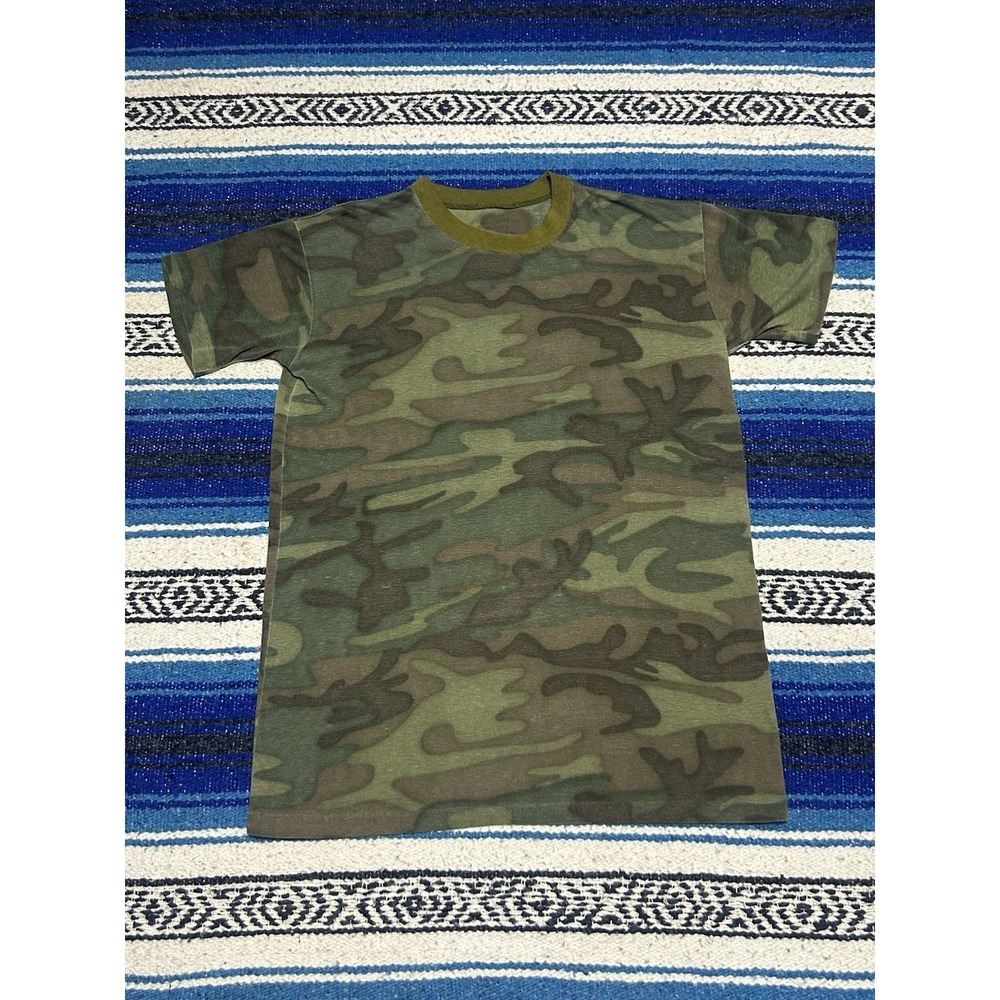 Vintage 80s 90s Woodland Camo Shirt Men's Med Single Stitch Distressed Military